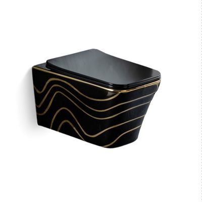 Marble Pattern Black Ceramic Hidden Water Tank Toilet Square Wall Hung for Bathroom