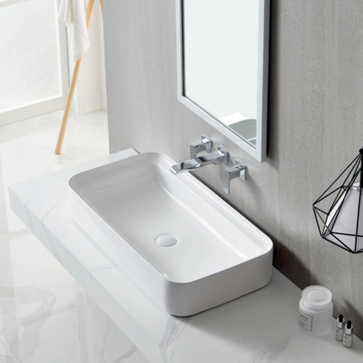 ALLWELL Modern Rectangular Ceramic Wash Basin Bowl Large Size Bathroom Sink Vanity Top Easy Mount Contemporary Cabinet